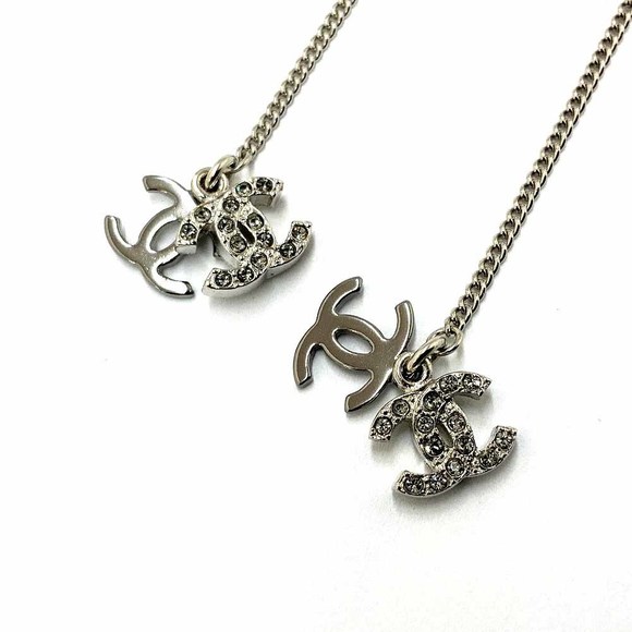 Chanel Rhinestone Earrings 9cm x 2 Metal Rhinestones Coco Mark Silver - Picture 7 of 10